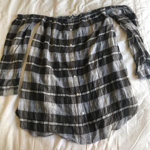 Off the Shoulder Plaid Blouse